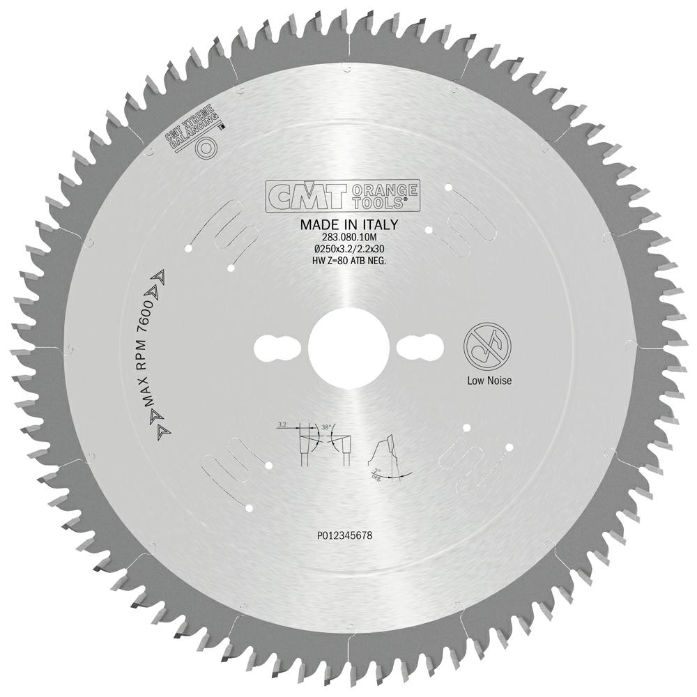 CMT - Chrome Shield Pilový kotouč na lamino, DTD a MDF pro řezání bez předřezu (D250x3,20 F30 Z80 -2° WZ)