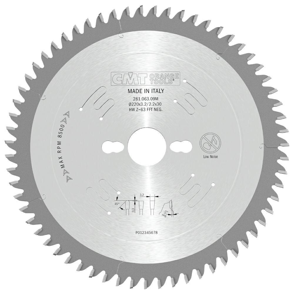 CMT - XTreme Pilový kotouč na lamino, DTD a MDF pro řezání bez předřezu (D220x3,20 F30 Z63 -3° TFZ)