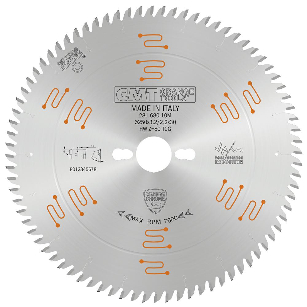 CMT - Orange Chrome Pilový kotouč na lamino, DTD a MDF pro řezání s předřezem (D250x3,20 F30 Z80 TFZ)