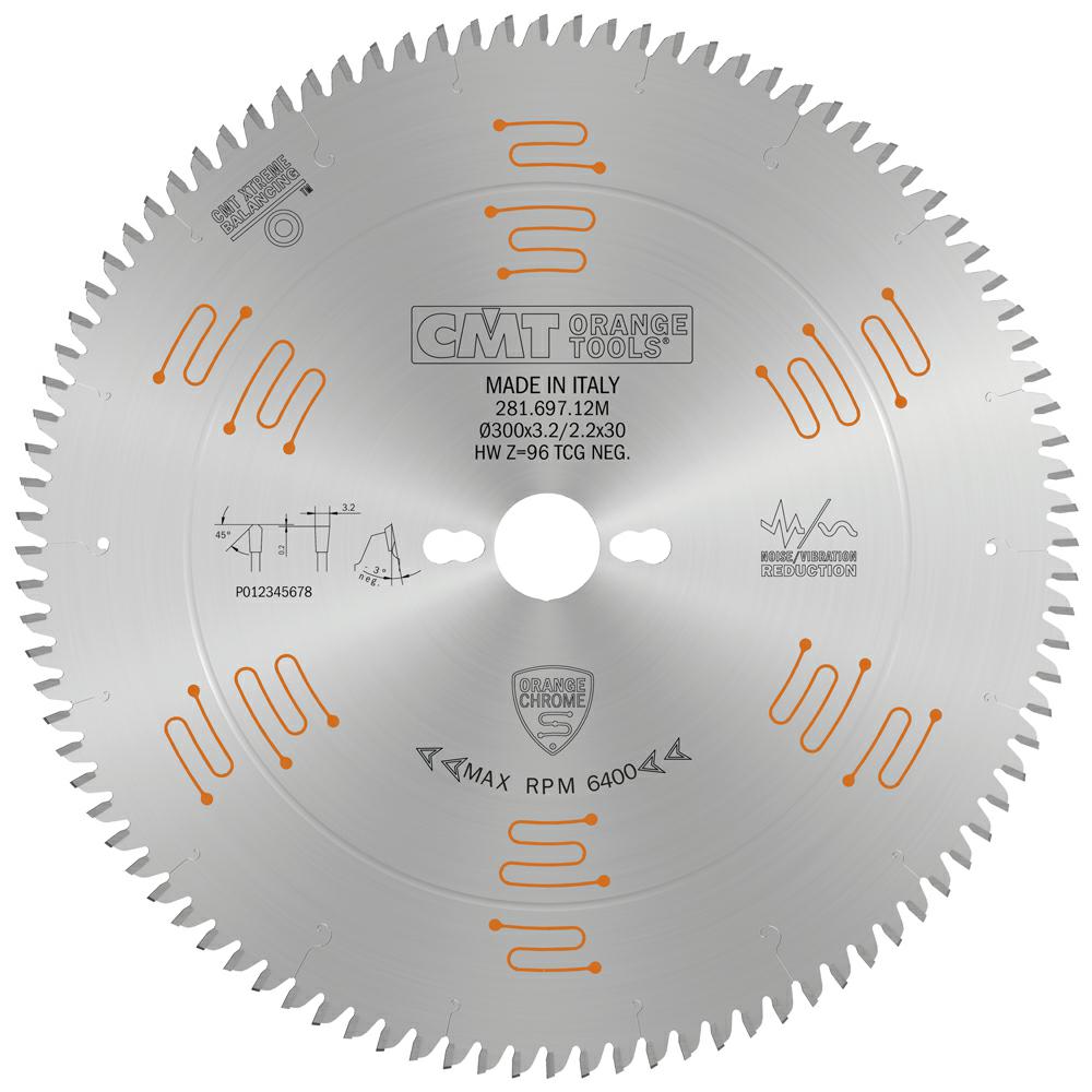 CMT - Orange Chrome Pilový kotouč na lamino, DTD a MDF pro řezání s předřezem (D300x3,20 F30 Z96 -3° TFZ)