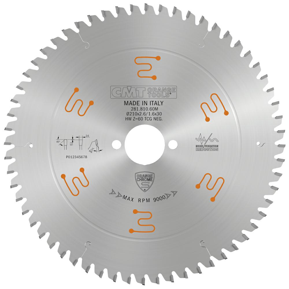 CMT - Orange Chrome Pilový kotouč na lamino, DTD a MDF pro řezání s předřezem (D210x2,60 F30 Z60 -3° TFZ)