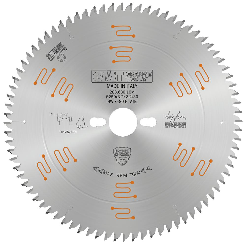 CMT - Orange Chrome Pilový kotouč na lamino, DTD a MDF pro řezání bez předřezu (D250x3,20 F30 Z80 -2° WZ)