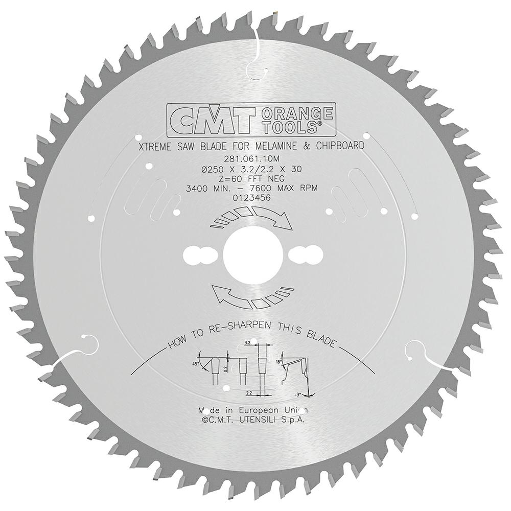 CMT - XTreme Pilový kotouč na lamino, DTD a MDF pro řezání bez předřezu (D250x3,20 F30 Z60 -3° TFZ)