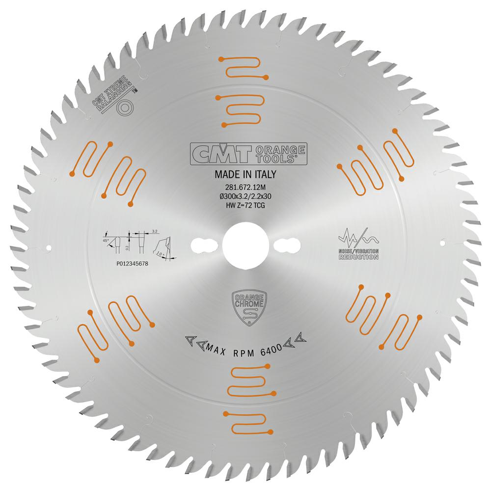 CMT - Orange Chrome Pilový kotouč na lamino, DTD a MDF pro řezání s předřezem (D300x3,20 F30 Z72 TFZ)
